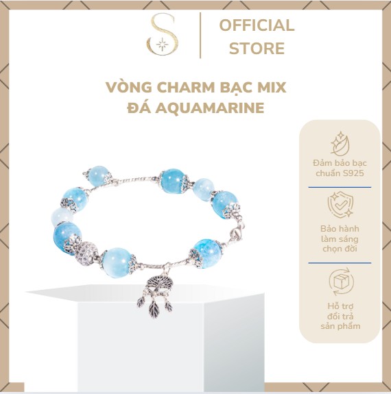 Vòng CHARm bạc mix đá Aquamarine